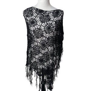 Banana Republic Crochet Poncho Black Fringe Y2K Open Knit Boho Festival Top